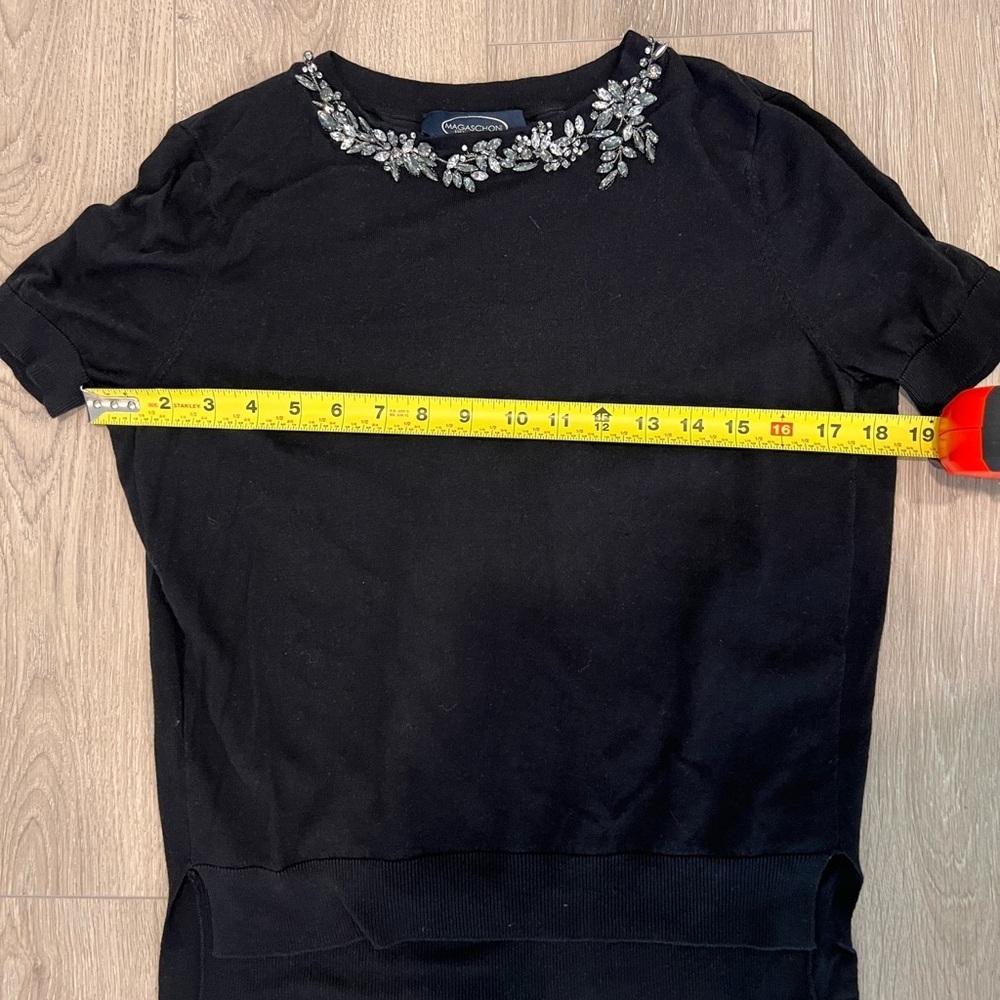 Magaschoni Black Short Sleeve Top with Embellished Neckline - Picture 3 of 6